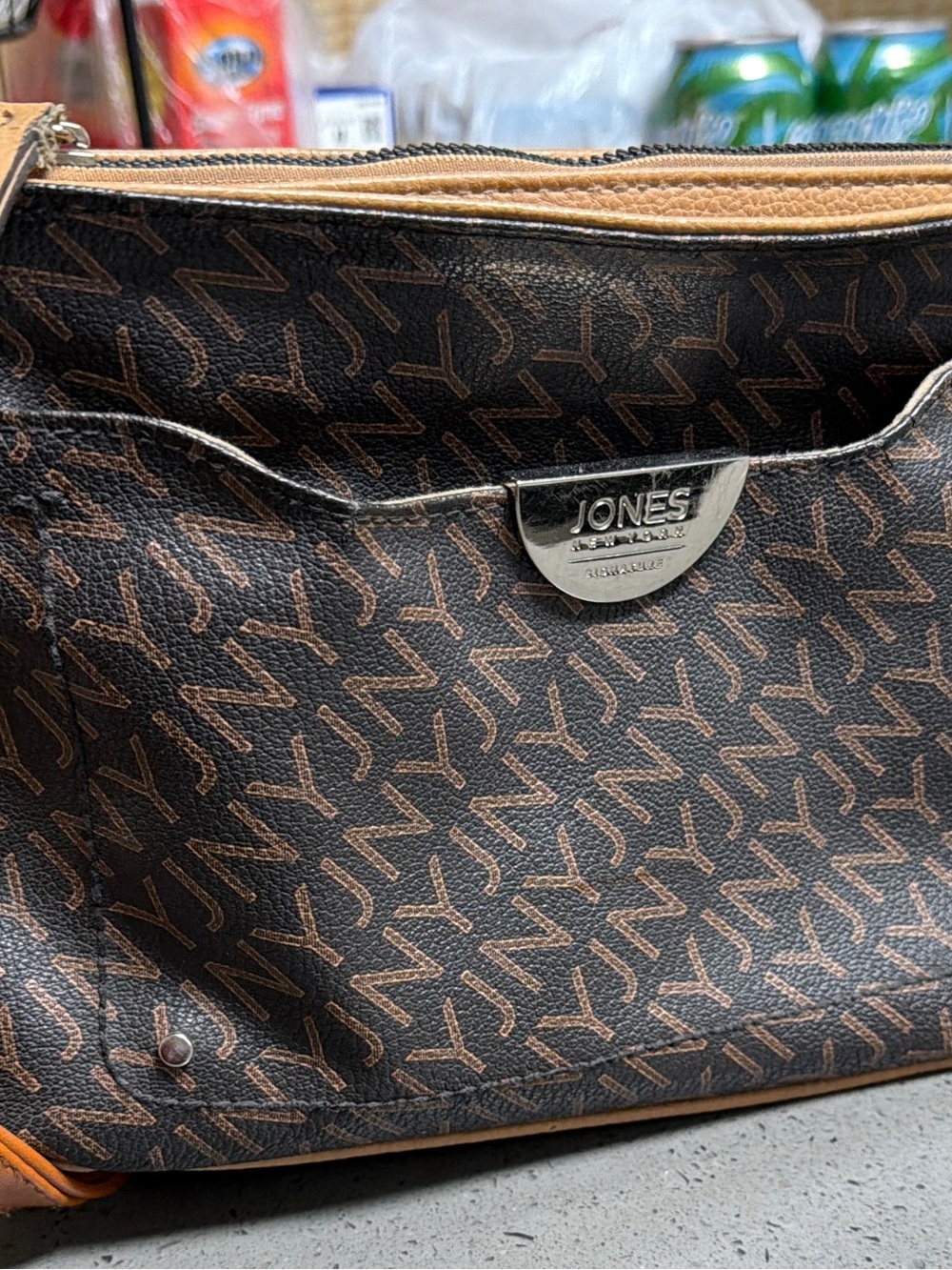 Jones New York Brown Monogram Crossbody Messenger Bag with Tan Trim